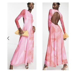 Topshop Pink Watercolor Maxi Dress Abstract Open Back Sz 4-6 Small NWT